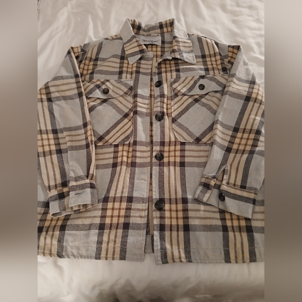 Plaid Women's Shacket in Gray and Cream.